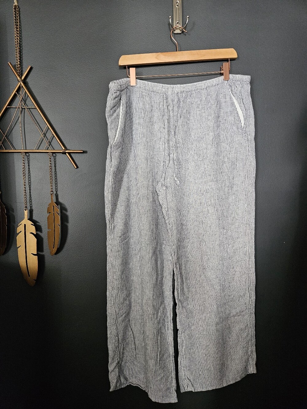 Hollister Womens L Linen Blend Pants Blue White Stripe Wide Leg Pull On Beach